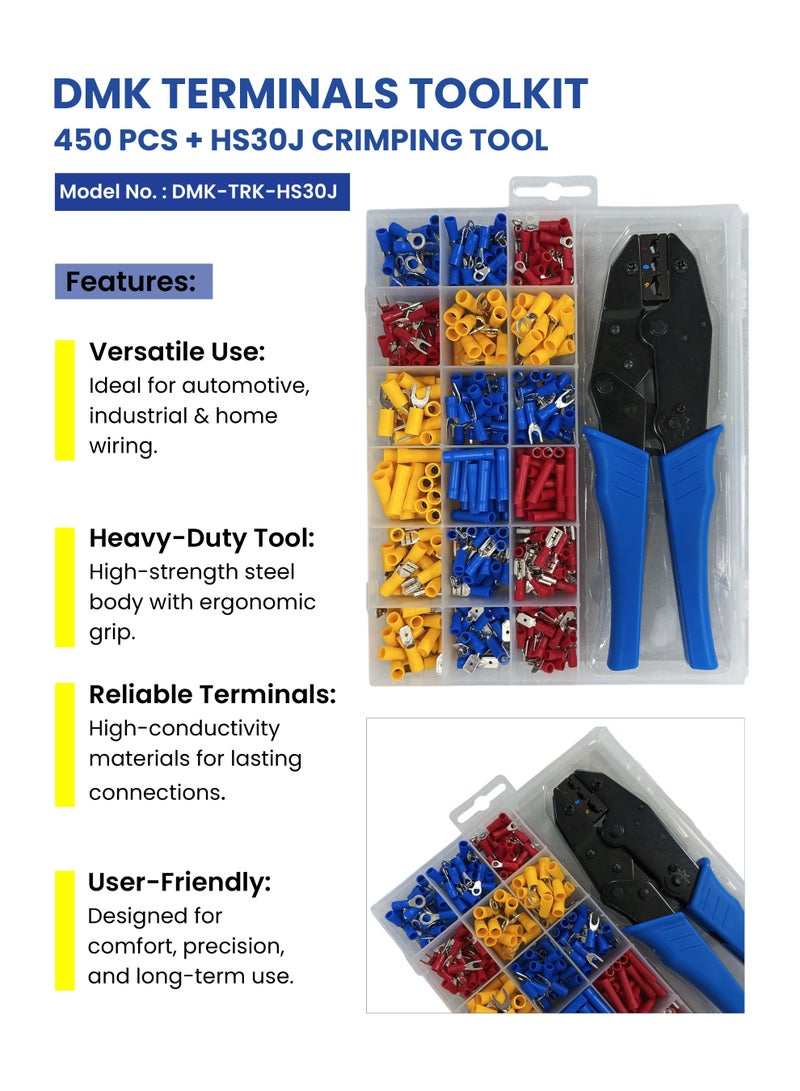 DMK Terminals Toolkit - 450 Pcs Electrical Terminals with HS30J Crimping Tool | AWG 22-10 Wire Crimper | Professional Kit for Wiring and Repair  - Image 5