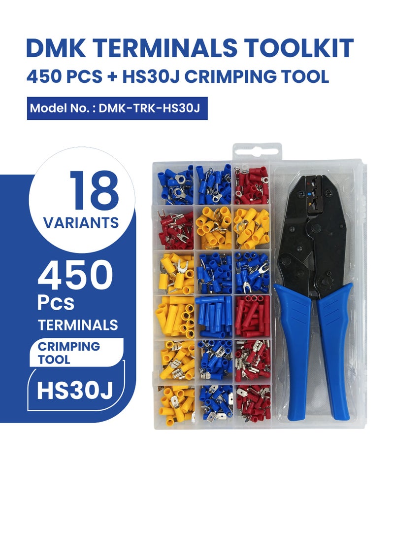 DMK Terminals Toolkit - 450 Pcs Electrical Terminals with HS30J Crimping Tool | AWG 22-10 Wire Crimper | Professional Kit for Wiring and Repair  - Image 3