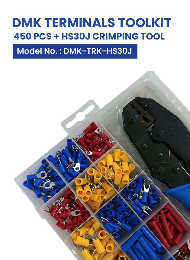 DMK Terminals Toolkit - 450 Pcs Electrical Terminals with HS30J Crimping Tool | AWG 22-10 Wire Crimper | Professional Kit for Wiring and Repair  - Image 1