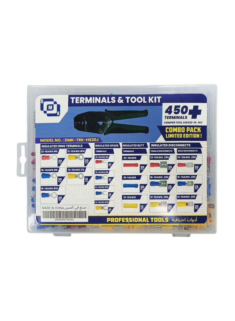 DMK Terminals Toolkit - 450 Pcs Electrical Terminals with HS30J Crimping Tool | AWG 22-10 Wire Crimper | Professional Kit for Wiring and Repair  - Image 2