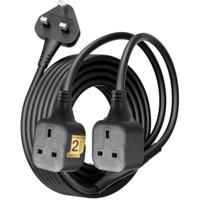 Power Extension Lead, 2 Way Double Socket, 2 m Long Cable, 13A 240V UK 3 Pin Plug, Heavy Duty Extension Cord for Home, Office, Garden and Warehouse Black, 2 m - Image 1