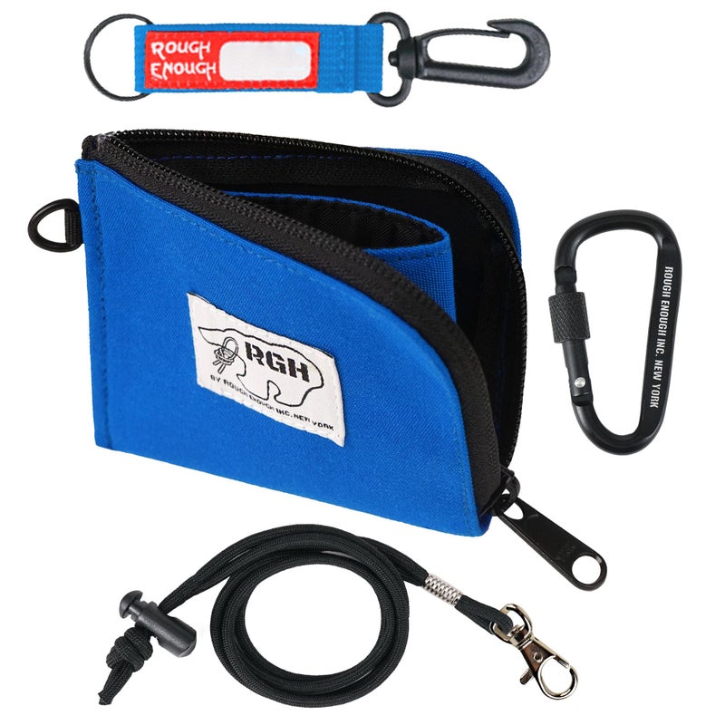 RE ROUGH ENOUGH Rough Enough Small Coin Purse Card Wallet Pouch with Zipper Neck Lanyard Keychain for Men Women Teen Boys Blue Waxed Canvas Water Repellent - Image 1
