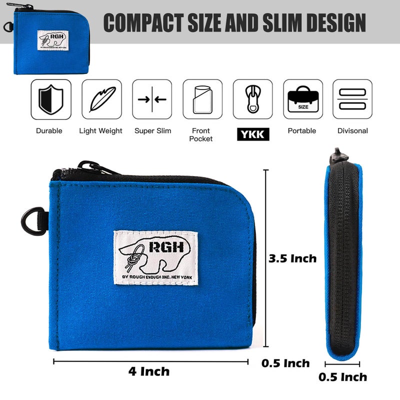 RE ROUGH ENOUGH Rough Enough Small Coin Purse Card Wallet Pouch with Zipper Neck Lanyard Keychain for Men Women Teen Boys Blue Waxed Canvas Water Repellent - Image 3