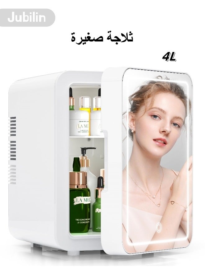 Jubilin Mini Skincare Fridge with Dimmable LED Light Mirror, Cooler and Warmer for Refrigerating Make Up, Skin Care and Food, 4L Portable Mini Fridge for Bedroom, Office and Car, White - Image 1