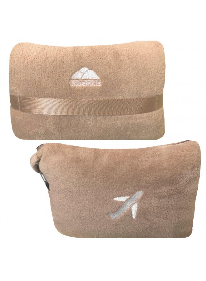 BlueHills BlueHills Travel Blanket Pillow in Mini Soft Case Premium Plush Airplane Blanket in Soft Bag Compact Pack with Luggage Belt and Backpack Clip - Beige M06  - Image 1