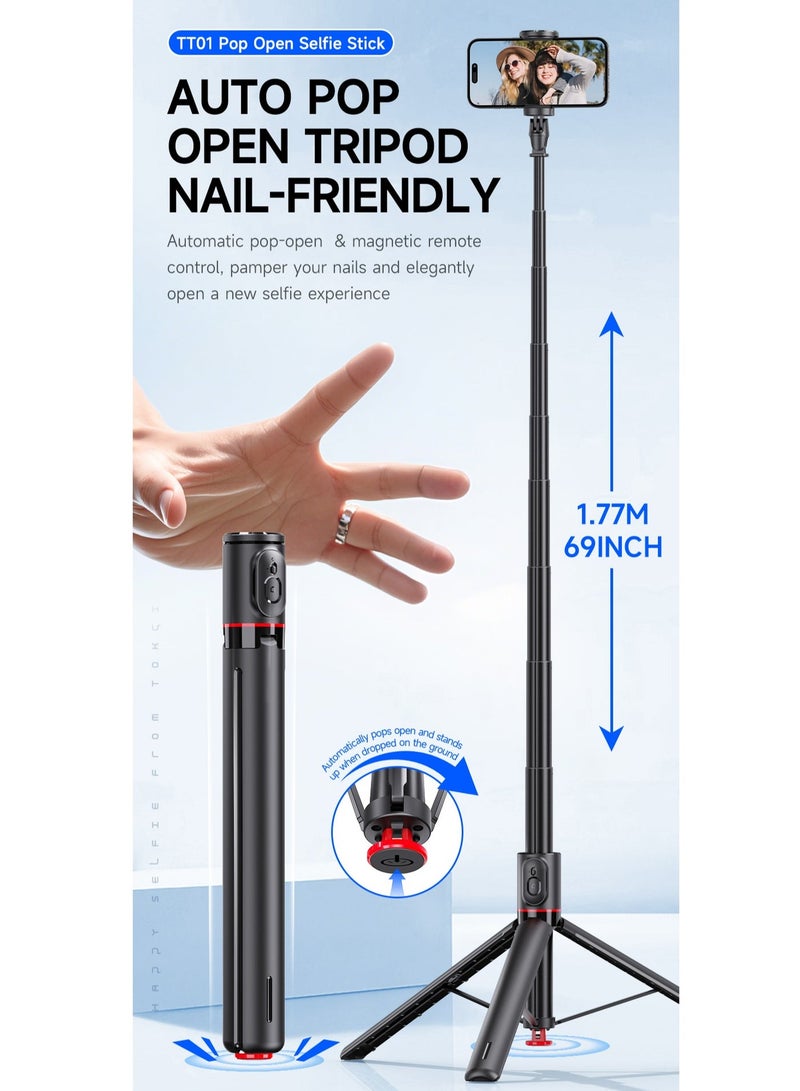 ELTRAZONE Automatic Tripod, Auto-Open Phone Tripod Stand with Magnetic Remote, All-in-1 Extendable Selfie Stick Travel Tripods for Cell Phone 360° Rotate Stable iPhone Selfie Stick for Video Recording - Image 2