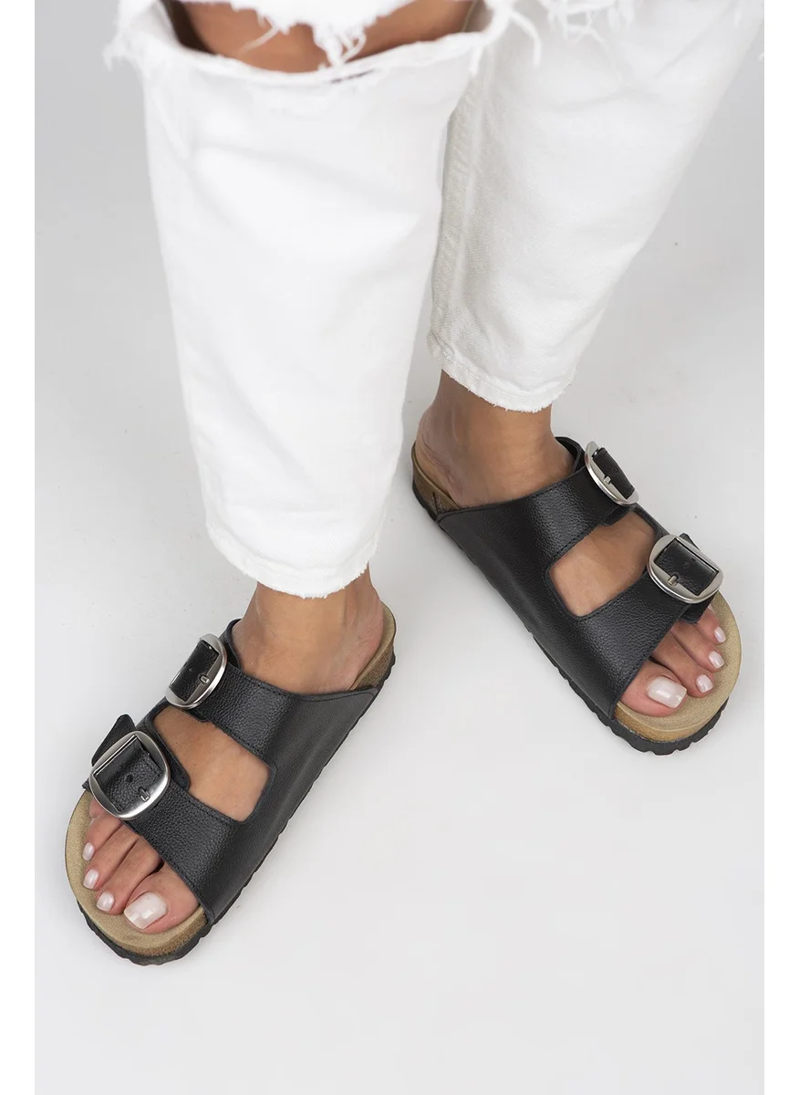 Manijero Irene Women's Leather Double Buckle Black-Silver Slippers