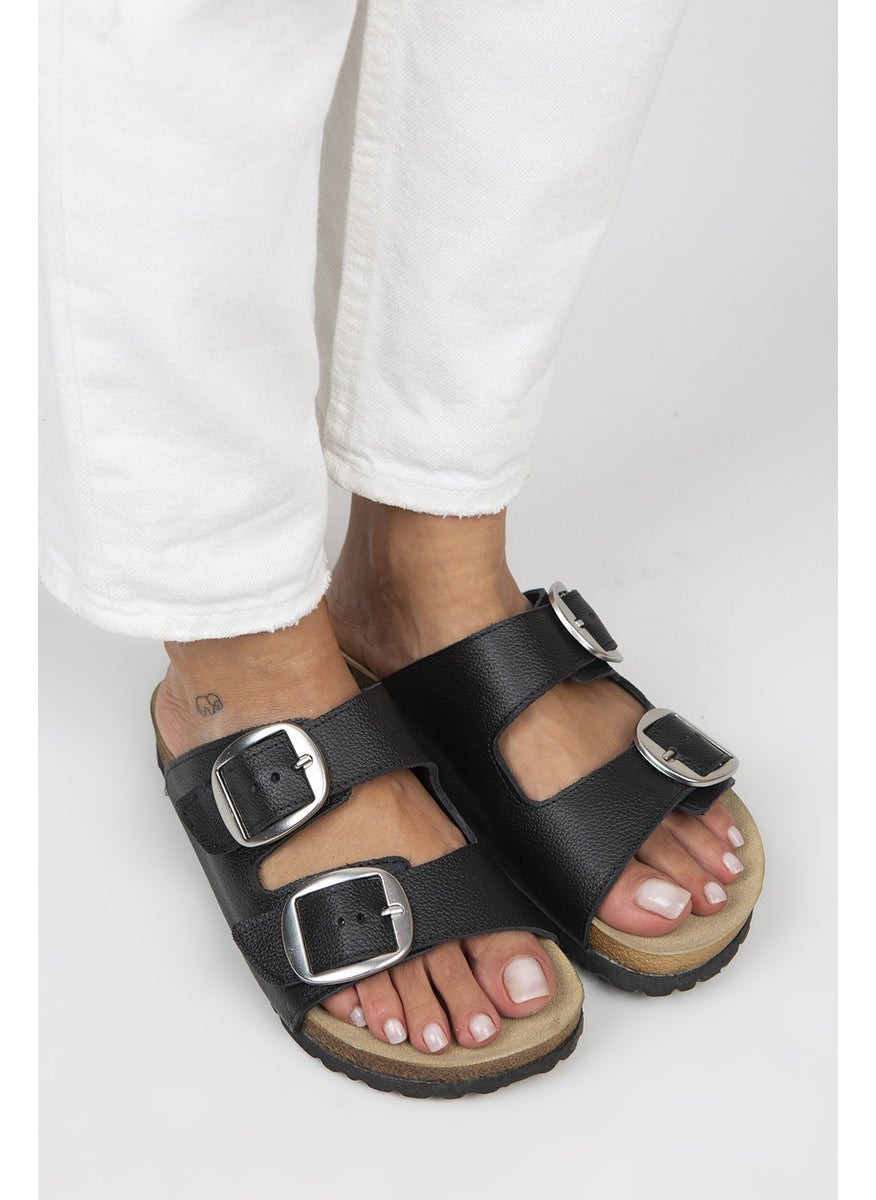 Manijero Irene Women's Leather Double Buckle Black-Silver Slippers  - Image 3