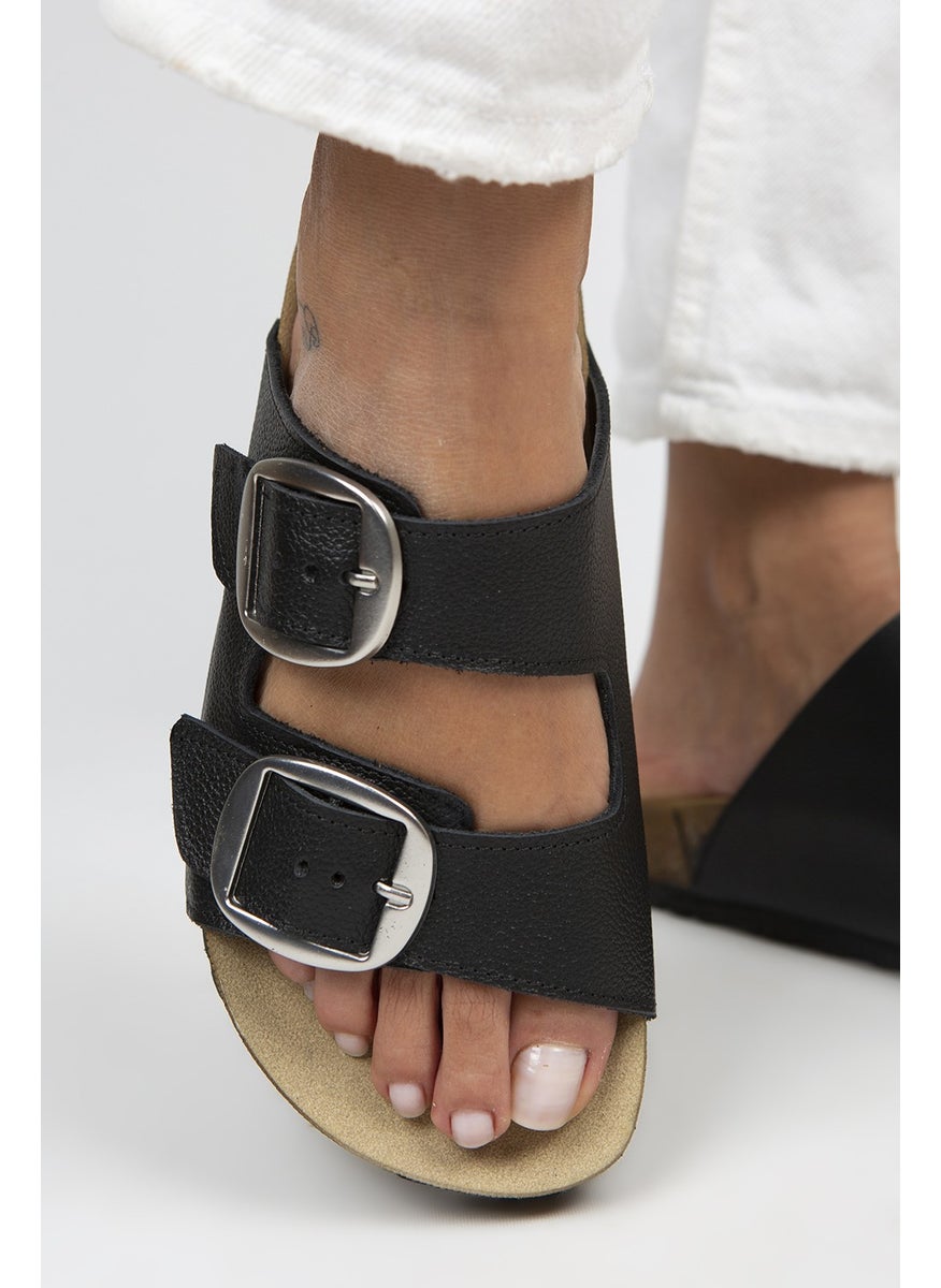 Manijero Irene Women's Leather Double Buckle Black-Silver Slippers  - Image 5