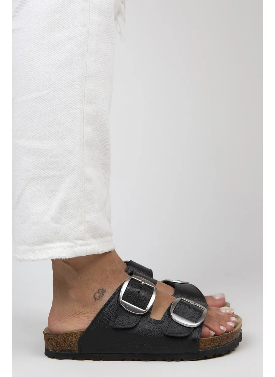 Manijero Irene Women's Leather Double Buckle Black-Silver Slippers