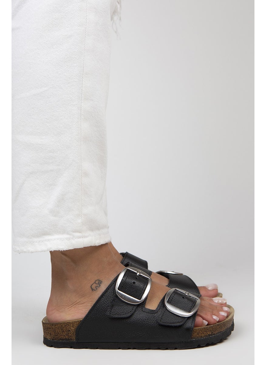 Manijero Irene Women's Leather Double Buckle Black-Silver Slippers  - Image 2