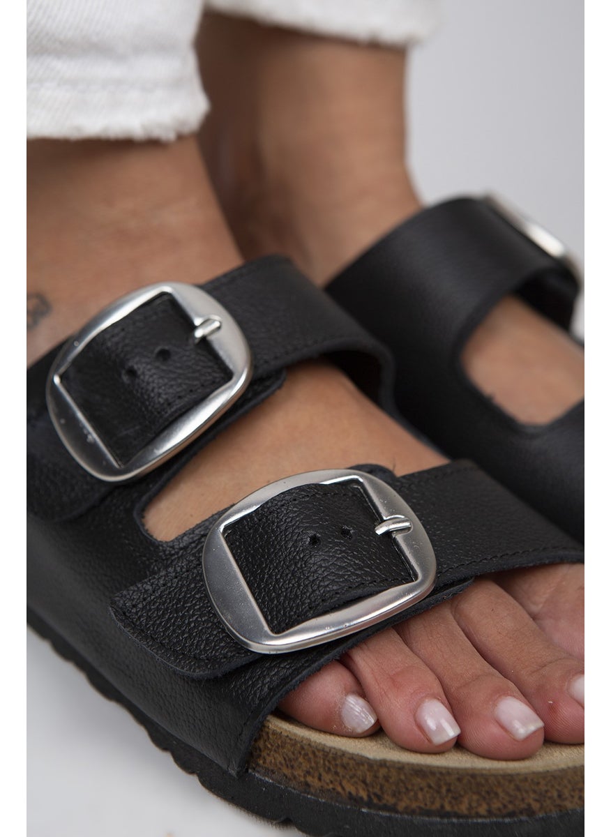 Manijero Irene Women's Leather Double Buckle Black-Silver Slippers  - Image 4