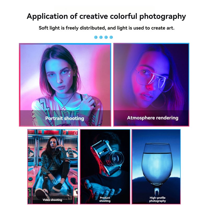 مصباح إشعاع ملء RGB محمول لتصوير الفوتوغرافي ومصابيح الفيديو الناعمة LED، مع مؤشر أداء الألوان CRI ≥95، ونطاق درجة حرارة اللون 2500-9000 كلفن، وألوان كاملة، و21 تأثير إضاءة، ويمكن استخدامه كمصباح فوتوغرافي قابل لإعادة الشحن في حالات الطوارئ - Image 2