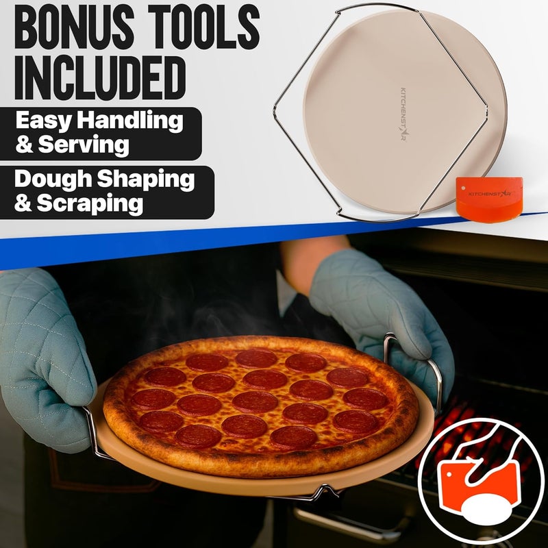 kitchen-star 16-inch Pizza Stone for Oven and BBQ Grill with Handles, Round, 5/8" Thick - Natural Cordierite, 1800 °F Resistant, Baking Stone Set with Stainless Steel Rack & Plastic Scraper Tool - Image 5