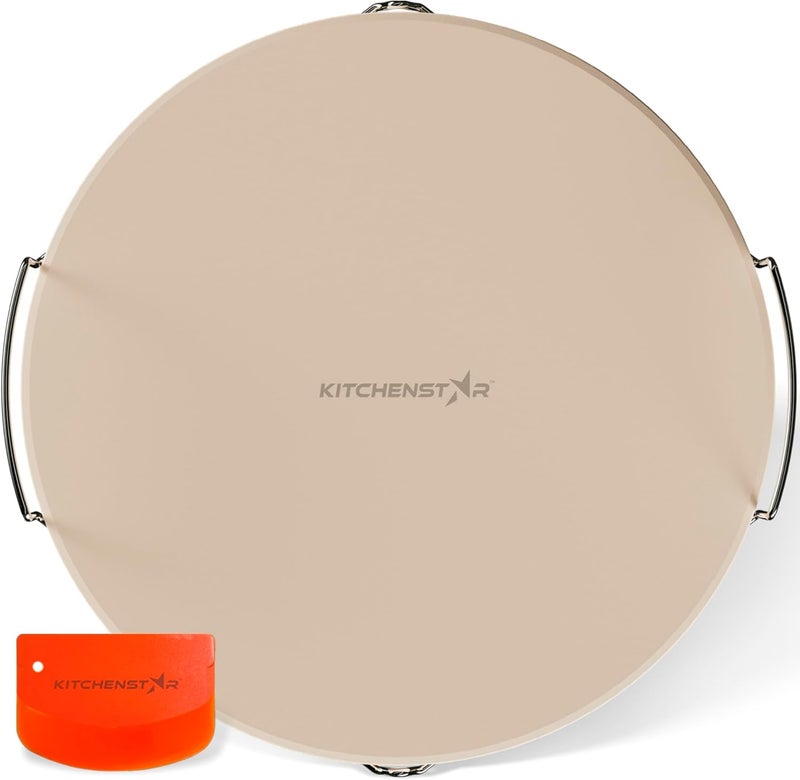 kitchen-star 16-inch Pizza Stone for Oven and BBQ Grill with Handles, Round, 5/8" Thick - Natural Cordierite, 1800 °F Resistant, Baking Stone Set with Stainless Steel Rack & Plastic Scraper Tool - Image 1