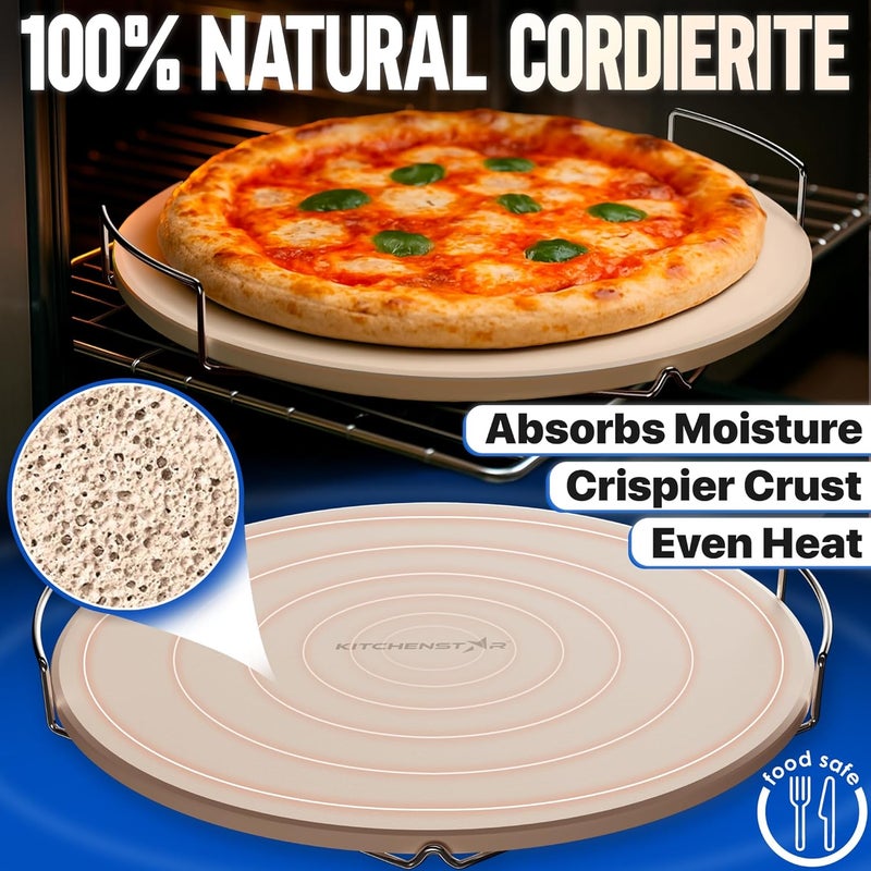 kitchen-star 16-inch Pizza Stone for Oven and BBQ Grill with Handles, Round, 5/8" Thick - Natural Cordierite, 1800 °F Resistant, Baking Stone Set with Stainless Steel Rack & Plastic Scraper Tool - Image 3