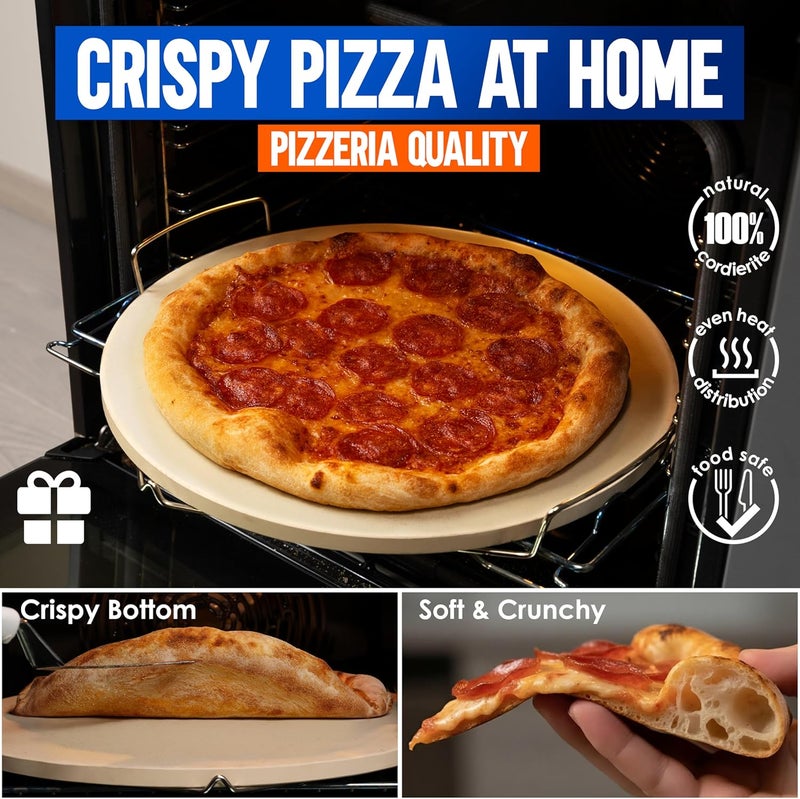 kitchen-star 16-inch Pizza Stone for Oven and BBQ Grill with Handles, Round, 5/8" Thick - Natural Cordierite, 1800 °F Resistant, Baking Stone Set with Stainless Steel Rack & Plastic Scraper Tool - Image 2