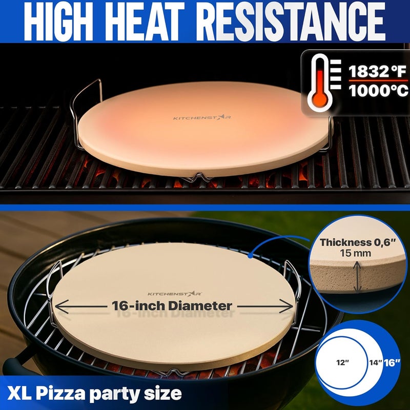 kitchen-star 16-inch Pizza Stone for Oven and BBQ Grill with Handles, Round, 5/8" Thick - Natural Cordierite, 1800 °F Resistant, Baking Stone Set with Stainless Steel Rack & Plastic Scraper Tool - Image 4