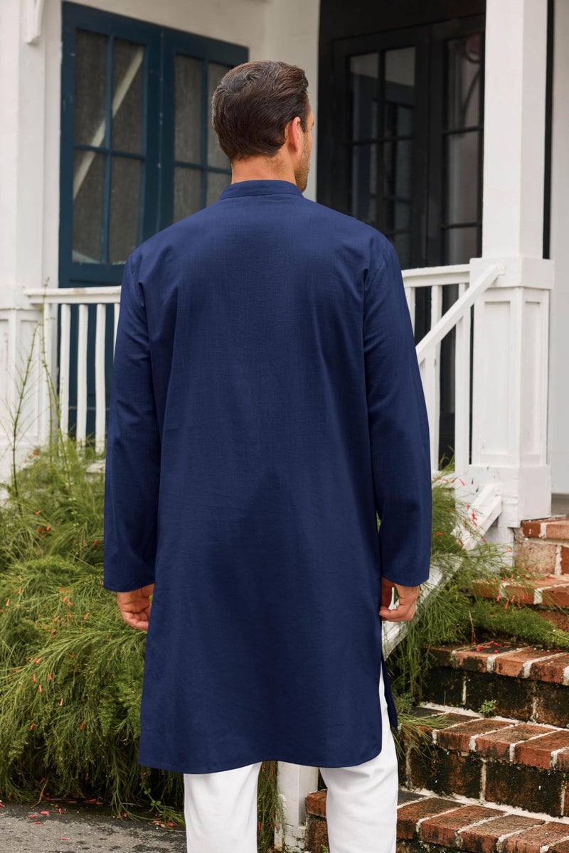 Runcati Mens Kaftan Thobe Button Down Casual Henley Shirts Long Sleeve Robe Cotton Linen Muslim Gown Shirt Navy - Image 3