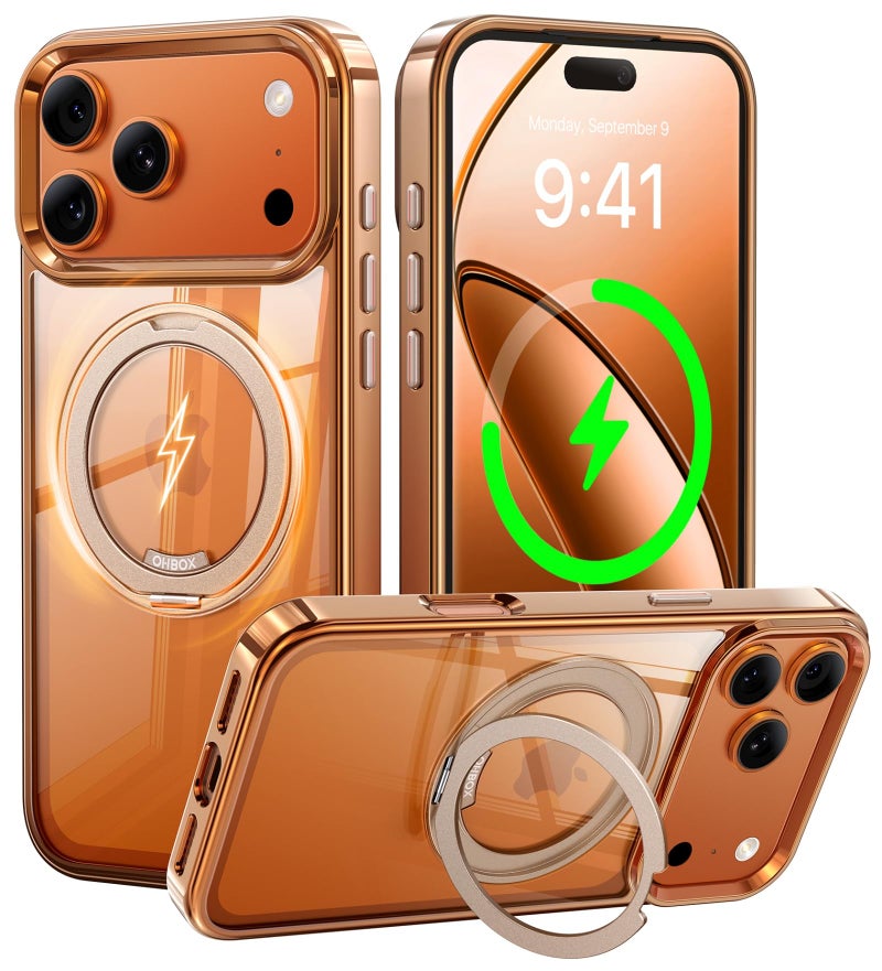 ohbox iPhone 17 Pro Max Case with Stand, Magnetic iPhone 17Pro Max Case Compatible with MagSafe, Desert Titanium 17 Pro Max Cover Slim Translucent Polished Phone Case for iPhone 17 Pro Max 6.9''-Rose Gold - Image 1