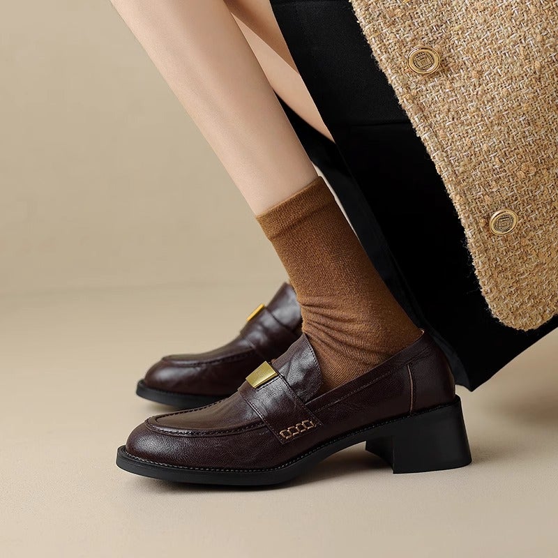 Soft Sheepskin Black Retro Chunky Heel Loafers Women'S 2025 New French Thick-Soled British Style Leather Single-Layer Shoes - Image 3