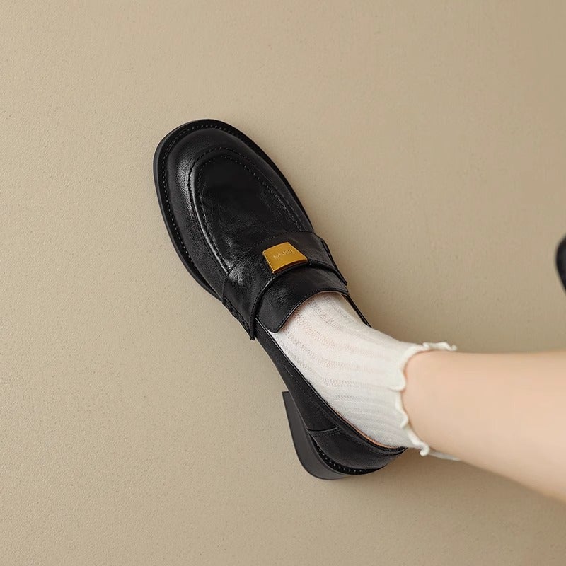 Soft Sheepskin Black Retro Chunky Heel Loafers Women'S 2025 New French Thick-Soled British Style Leather Single-Layer Shoes - Image 5