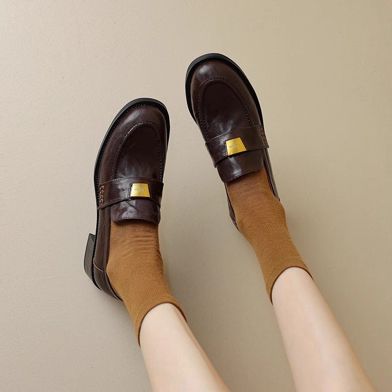 Soft Sheepskin Black Retro Chunky Heel Loafers Women'S 2025 New French Thick-Soled British Style Leather Single-Layer Shoes - Image 1