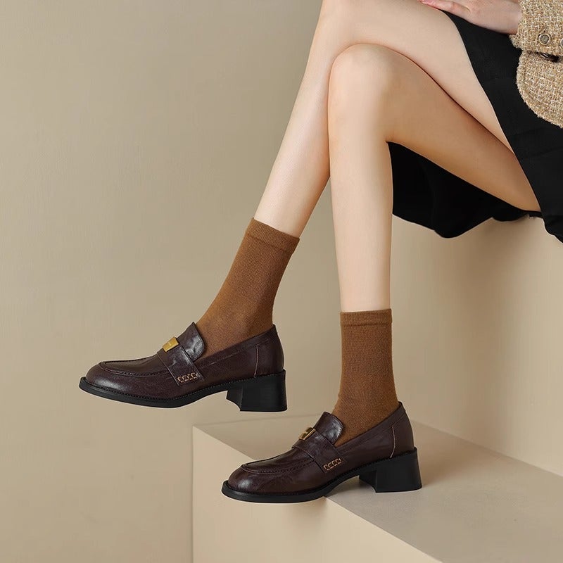 Soft Sheepskin Black Retro Chunky Heel Loafers Women'S 2025 New French Thick-Soled British Style Leather Single-Layer Shoes - Image 4