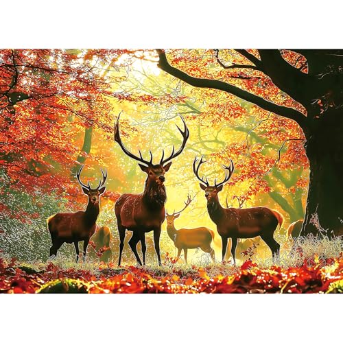 MINIWAN Autumn Fall Forest Red Stags Puzzles for Adults 1000 Pieces Golden Sunlight Red Maple Deer Jigsaw Puzzle Gift for Wildlife Nature Landscape Lovers 275x197 Inch - Image 1
