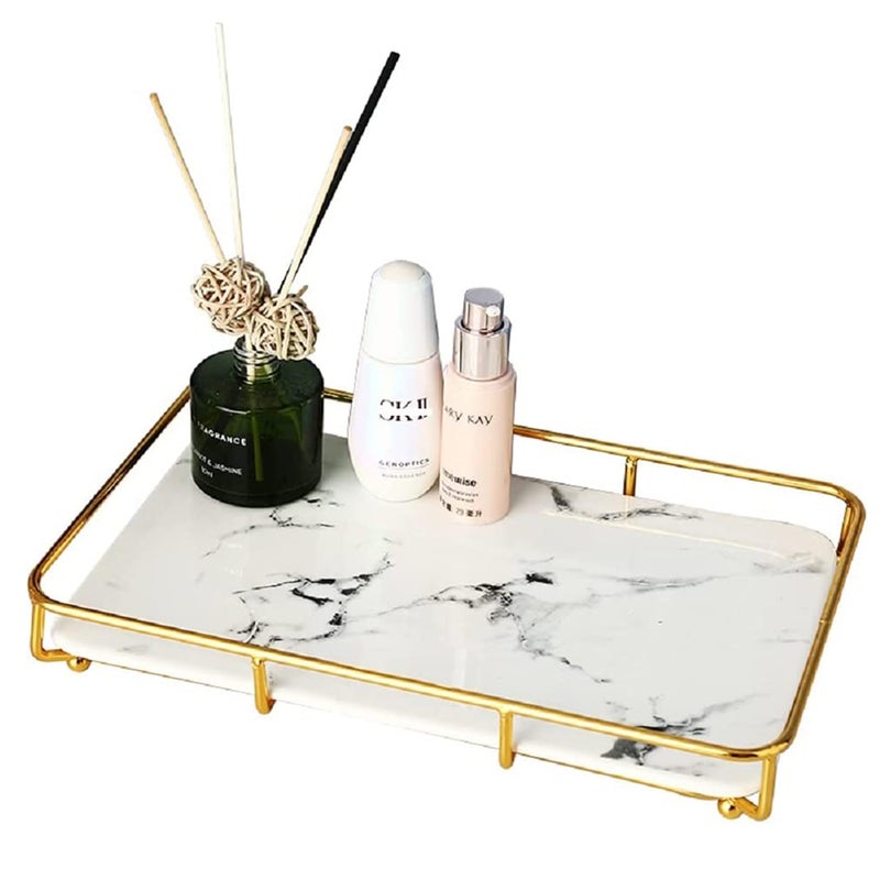 Dobbyby Vanity Tray Makeup Organizer Cosmetics Storage Bathroom Skincare Organizer Countertop Display Rack in Dresser Stainless Steel Shelf Marble Print Ceramic Trays