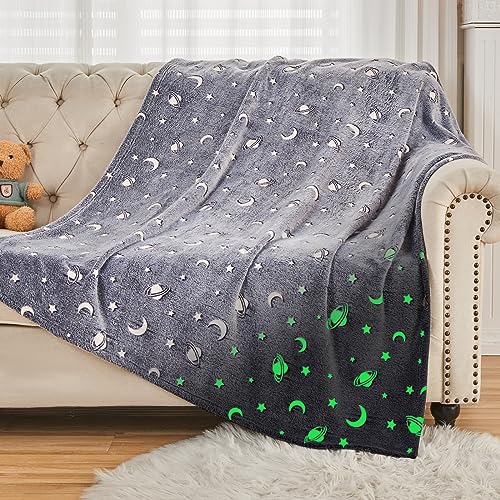 SOCHOW Glow in The Dark Throw Blanket 50 x 60 Inches Galaxy Stars Pattern Soft Cozy Flannel Fleece Blanket for Sons Daughters All Seasons Grey Presents Blanket for Preteens Teens