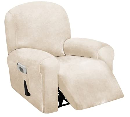 ULTICOR 4Piece 1 Seat Recliner Cover Velvet Stretch Reclining Chair Covers for 1 Cushion Reclining Sofa Single Seat Recliner Couch Cover Thick Very Soft Machine Washable Ivory
