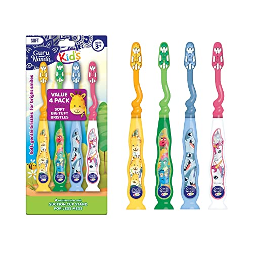 GuruNanda Kids Toothbrush with Suction Cup Fun Animal Designs Soft Bristles for Healthy Gums NonSlippery MessFree Toothbrush 3 Age 4 Count