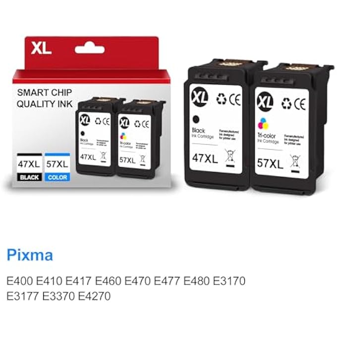 XL خراطيش حبر 47XL 57XL المعاد تصنيعها لـ HP 47 57 XL متوافقة مع PIXMA E400 E410 E417 E460 E470 E477 E480 E3170 E3177 E3370 E4270 (1 أسود، 1 ثلاثي الألوان) - Image 2