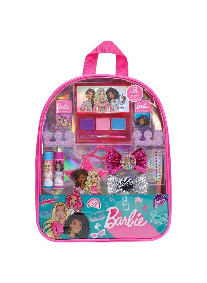 TOWNLEY GIRL Barbie - Townley Girl Backpack Cosmetic Makeup Gift Bag Set 12 Pcs includes Lip Gloss, Nail Polish & Hair Accessories for Kids Teen Tween Girls, Ages 3+ perfect for Parties, Sleepovers and Makeovers  - Image 1