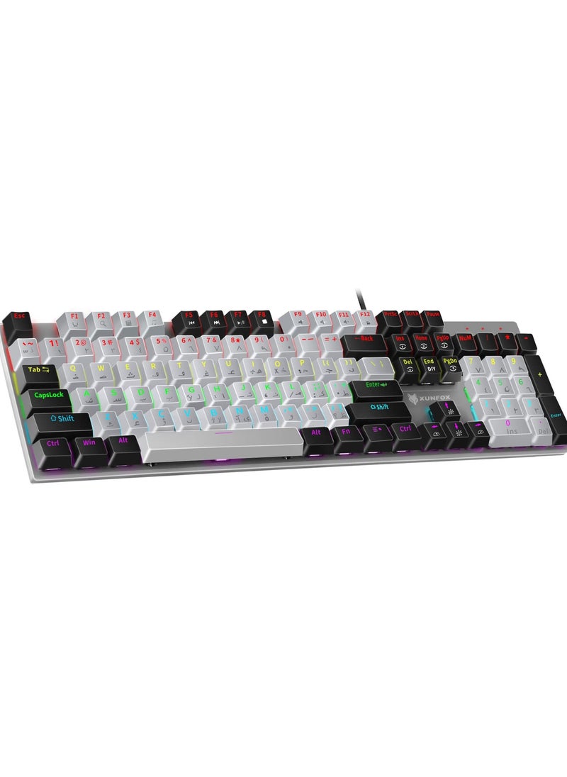 INFOSUN - English Arabic Mechanical Gaming Keyboard with RGB LED Rainbow Backlit, 104 Keys Quick Response USB Interface E-sport Waterproof Wired Keyboard for Windows/MacOS/Android PC Gamers - Gray Black - Image 1