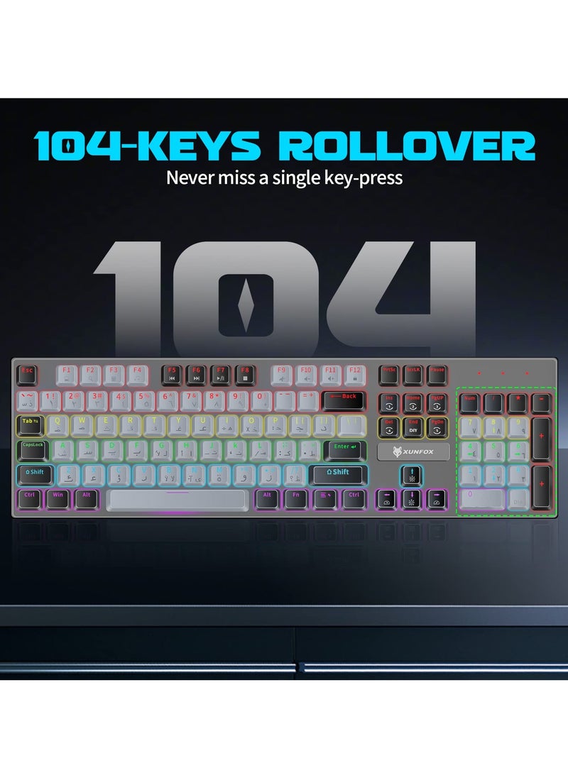 English Arabic Mechanical Gaming Keyboard with RGB LED Rainbow Backlit, 104 Keys Quick Response USB Interface E-sport Waterproof Wired Keyboard for Windows/MacOS/Android PC Gamers - Gray Black - pzsku/Z5C94C0819F4C12DED81EZ/45/_/1728526933/8dbb31f2-88f5-49dd-9767-f9c9b5fd7b01