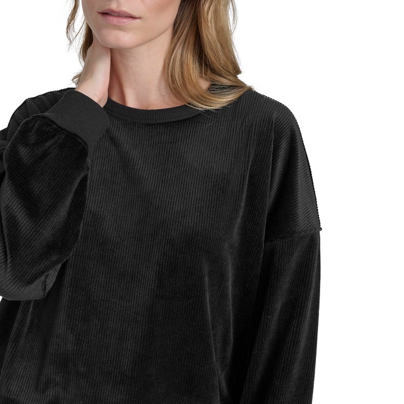 Halston Women's Ribbed Crew Neck Velour Sweatshirt, Black, Medium - Image 2