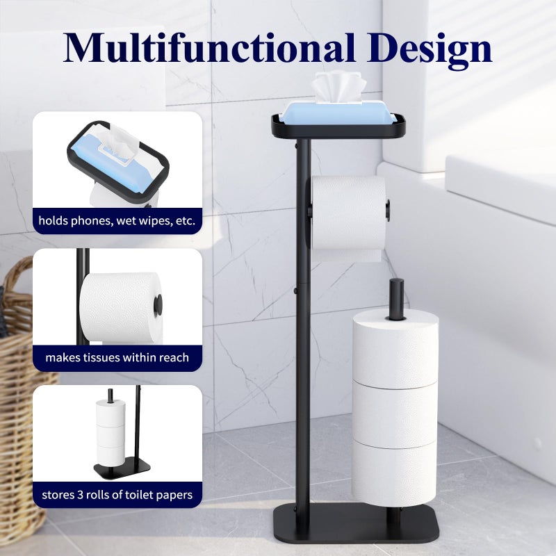Kitsure Toilet Paper Holder Free Standing â€“ Rustproof Metal Toilet Paper Stand for 4 Rolls with Anti-Slip Base and Shelf for Phone & Small Items, Bathroom Organizers and Storage, Large, Black - Image 4