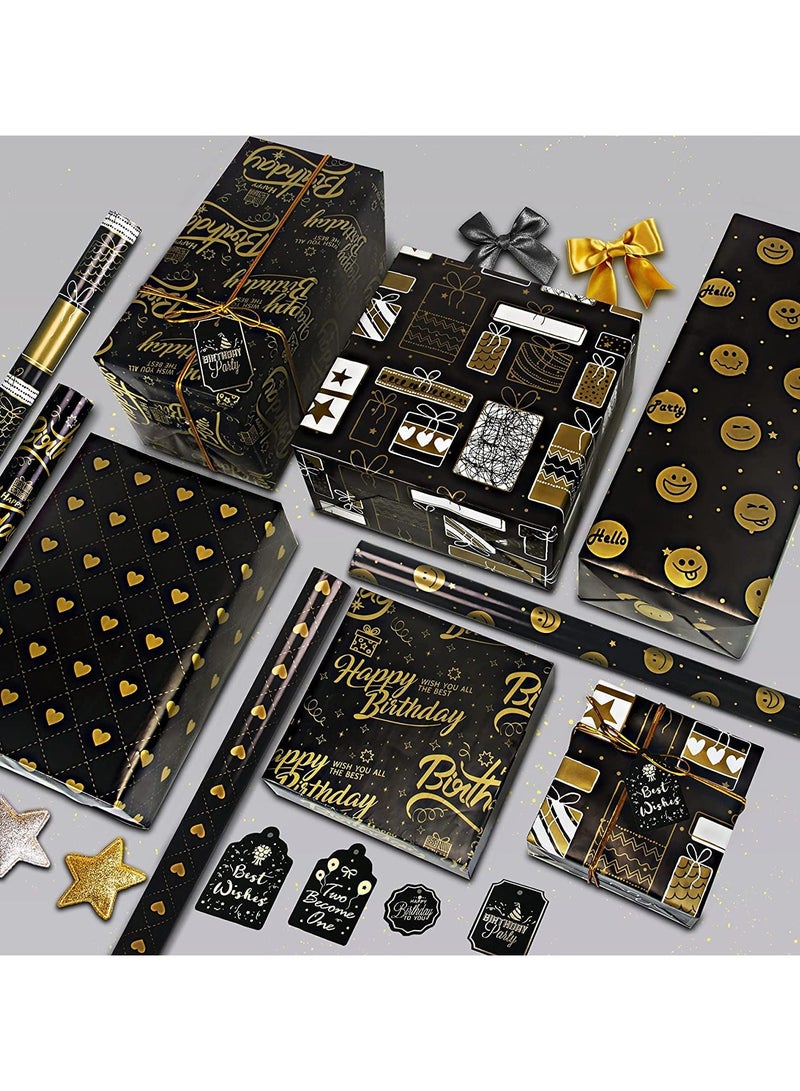 SOLARAE Birthday Wrapping Paper, Recycled Gift Wrapping Paper Black Gold Design Jute Twine and Gift tag, Gift Wraps for Birthday, Valentines, Graduation, Baby Shower, 27.5x19.6inch - Image 5