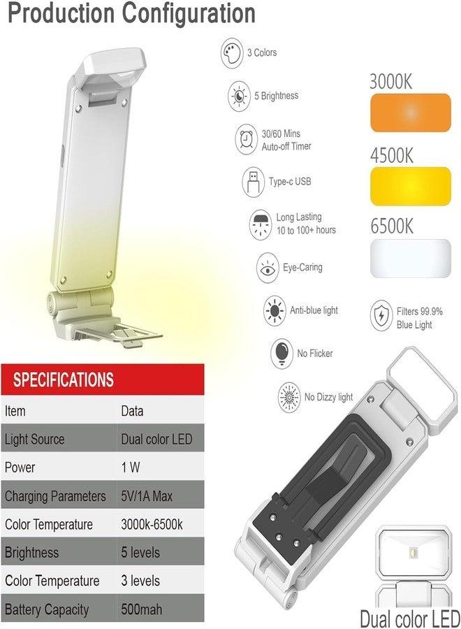 KRIVAZ Book Lamp for Students, USB Rechargeable LED Study Light, 3 Brightness & Color Modes, Clip-On, Portable & Eye-Friendly (Book Lamp) - Image 5