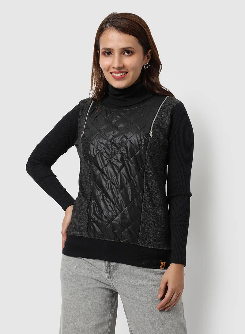 كامبوس سوترا بلوزة نسائية سوداء بياقة سلحفاة وأكمام طويلة بتفاصيل مبطنة للاستخدام اليومي