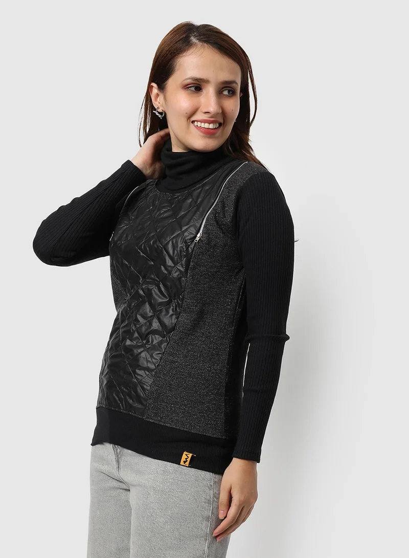 كامبوس سوترا بلوزة نسائية سوداء بياقة سلحفاة وأكمام طويلة بتفاصيل مبطنة للاستخدام اليومي