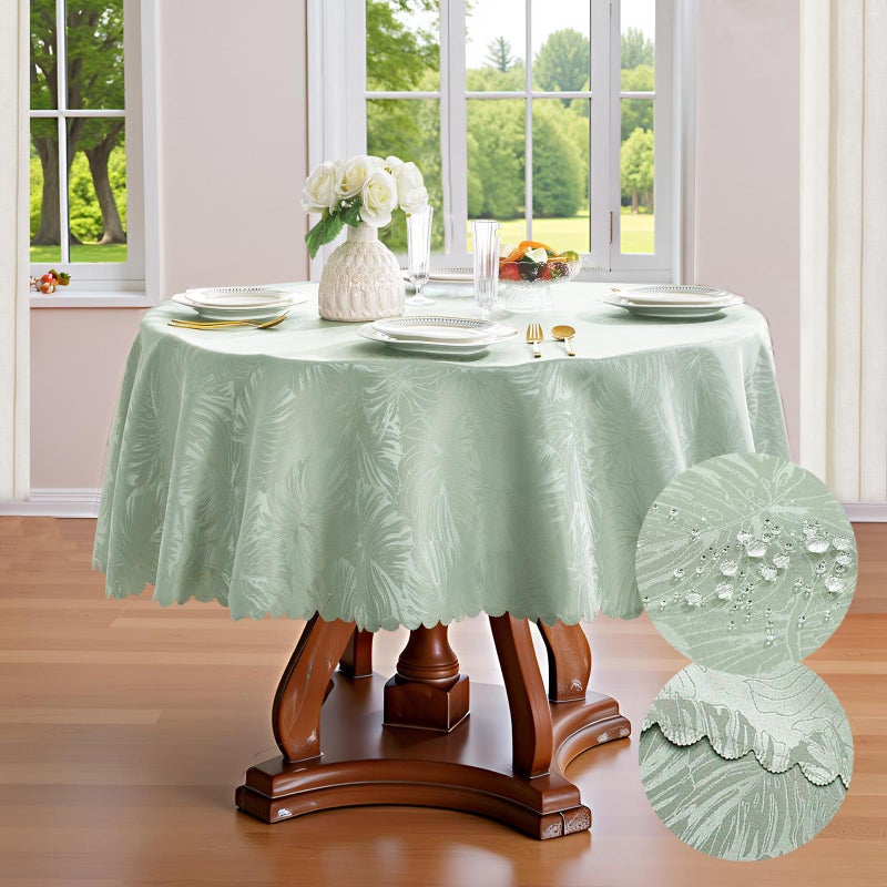 EFFICINATURE Round Tablecloth 60 Inch Table Cloth Green Leaves Pattern Scalloped Edge Silky Soft Fabric Waterproof Wrinkle Free Washable Table Cover for Kitchen Dining Party Banquet Patio Decor