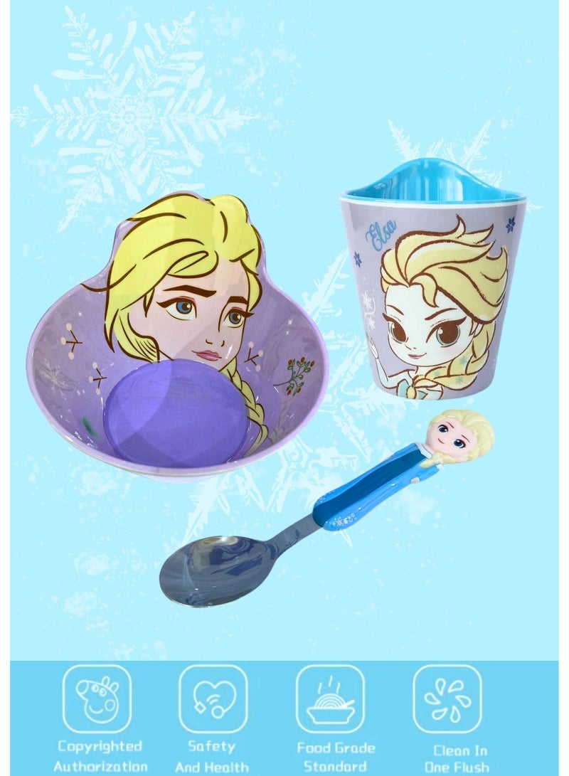 Disney Melamine Dinner Set – Lightweight, Durable Bowl, Cup & Stainless Steel Spoon Theme Elsa Frozen CharacterMelamine Dinner Set – Lightweight, Durable Bowl, Cup & Stainless Steel Spoon Theme Elsa Frozen Character - Image 1