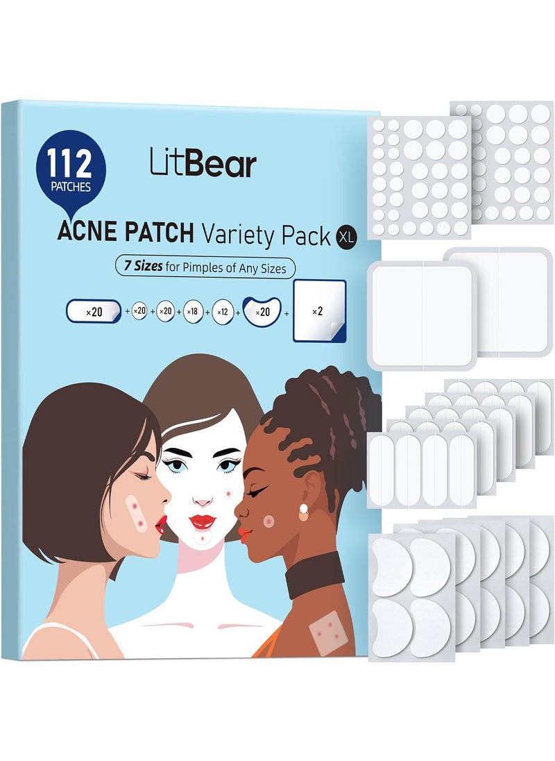 LitBear LitBear Large Pimple Patches 7 Sizes 112 Counts Big Acne Patches XL Hydrocolloid Bandages for Full Face Forehead Chin Nose Body Back Neck  Chest Oval Moon Square hydrocolloid Patch 