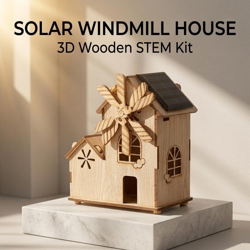 DIY Solar Windmill House 3D Wooden Puzzle STEM Educational Science Craft Model Kit for Kids Ages 8-12 Solar Powered Building Set Renewable Energy Toy Learning Project Engineering Craft Gift for Kids - Image 2