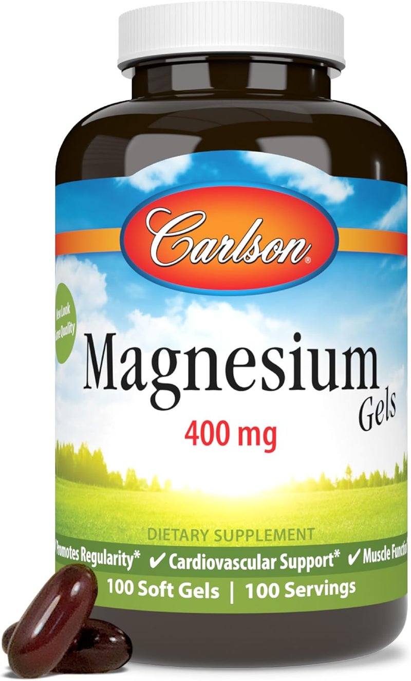 Carlson  Magnesium Gels 400 mg of Magnesium per Softgel Heart  Muscle Support Magnesium Gel Caps Bowel Function Magnesium Supplement 100 Softgels - Image 1