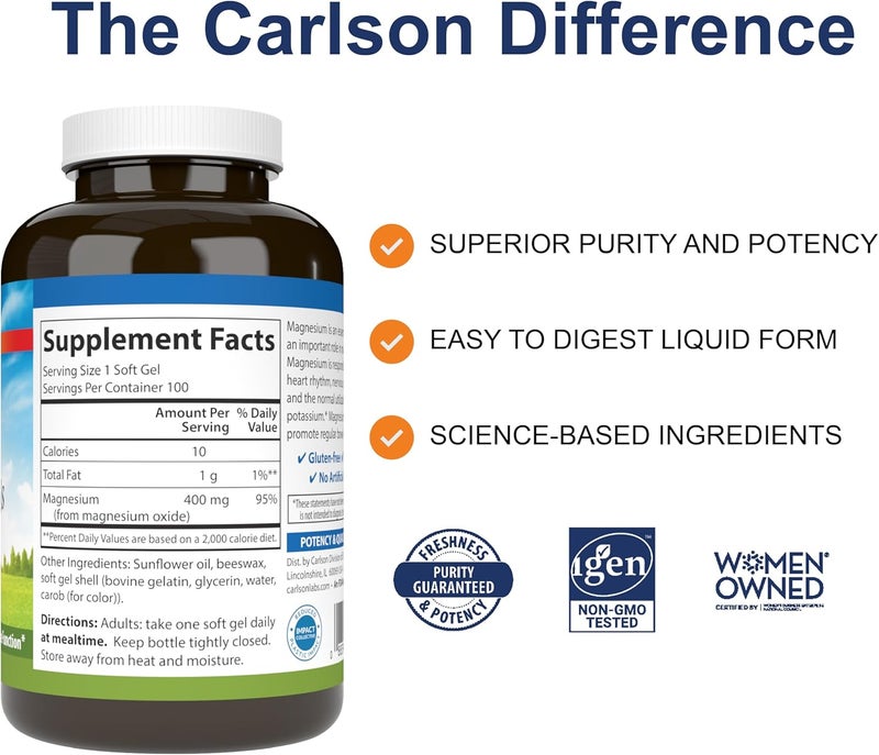 Carlson  Magnesium Gels 400 mg of Magnesium per Softgel Heart  Muscle Support Magnesium Gel Caps Bowel Function Magnesium Supplement 100 Softgels - Image 2