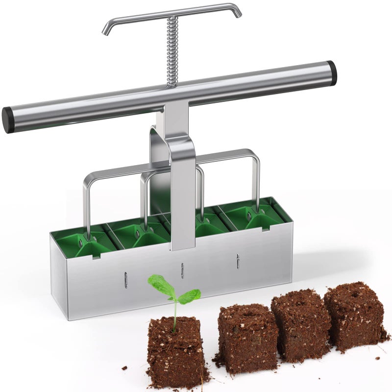 SOLIGT Soil Blocker with Comfortable Handle, 4 Cell Soil Block Maker 2 Inch Mold Blocking Tool for Seed Starting Germination, Grow Seedling No Transplant Shock - Image 1